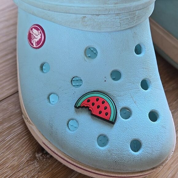 Crocs Light Blue Clogs Pink Accents 1 Watermelon crock charm included Kids Child - Picture 2 of 16